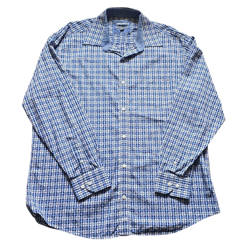 Johnston & Murphy Tailored Fit Blue Plaid Long Sleeve Button Down Shirt XL
